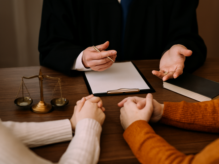 Un abogado habla mientras dos personas se sostienen las manos sobre una mesa.