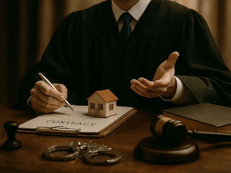 Un juez firma documentos con un modelo de casa y esposas en la mesa.