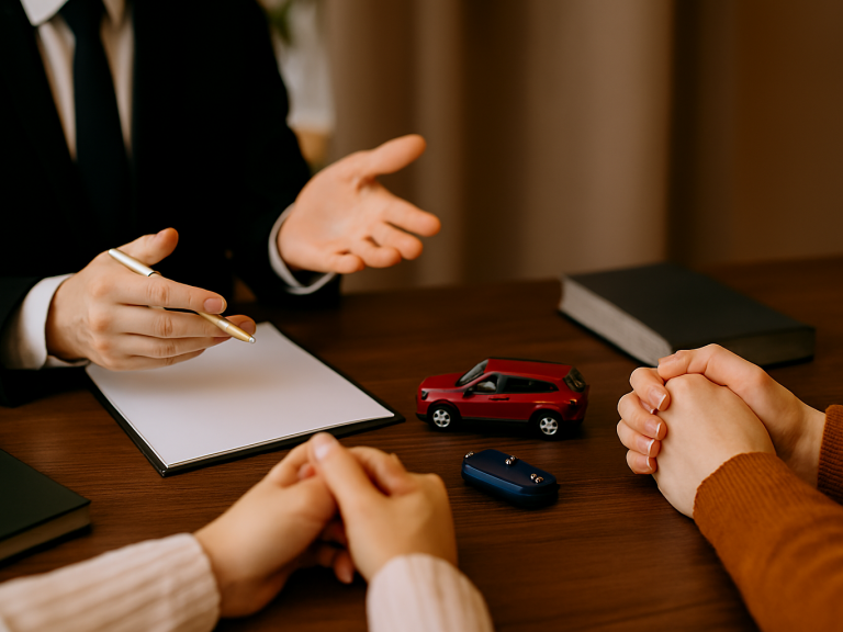 Reunión sobre un accidente de coche, con maquetas y un bloc de notas en la mesa.