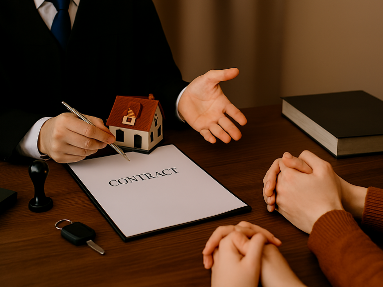 Abogado con un contrato en la mesa hablando con los cliente.