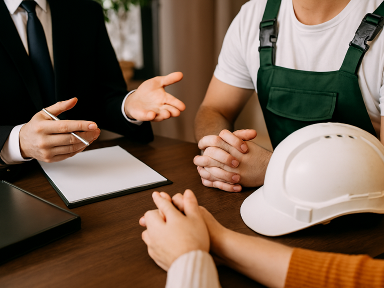 Reunión entre un abogado un empresario y un trabajador de la construcción con casco en una mesa.