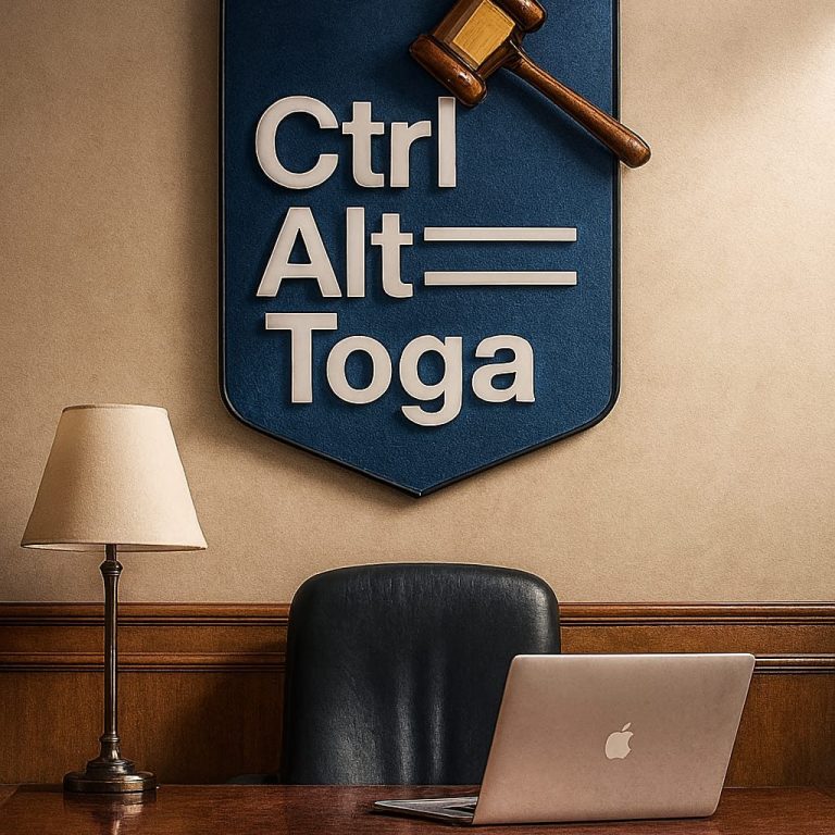 Imagen de Despacho con el  logo emblemático que dice: "Ctrl Alt Toga" con el mazo sobresaliendo del escudo en el fondo de la pared.