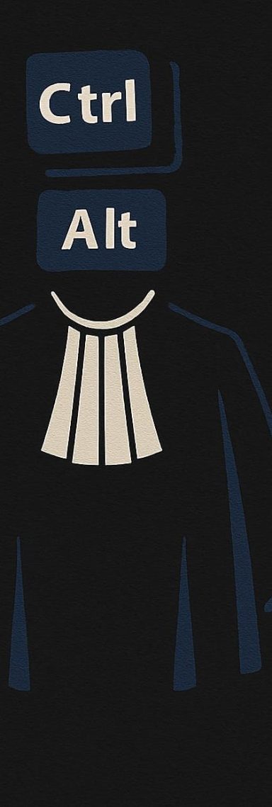 Icono de un toga negra y un collar blanco, con las teclas "Ctrl" y "Alt" arriba, en alegoría de una cabeza digital alternativa.
