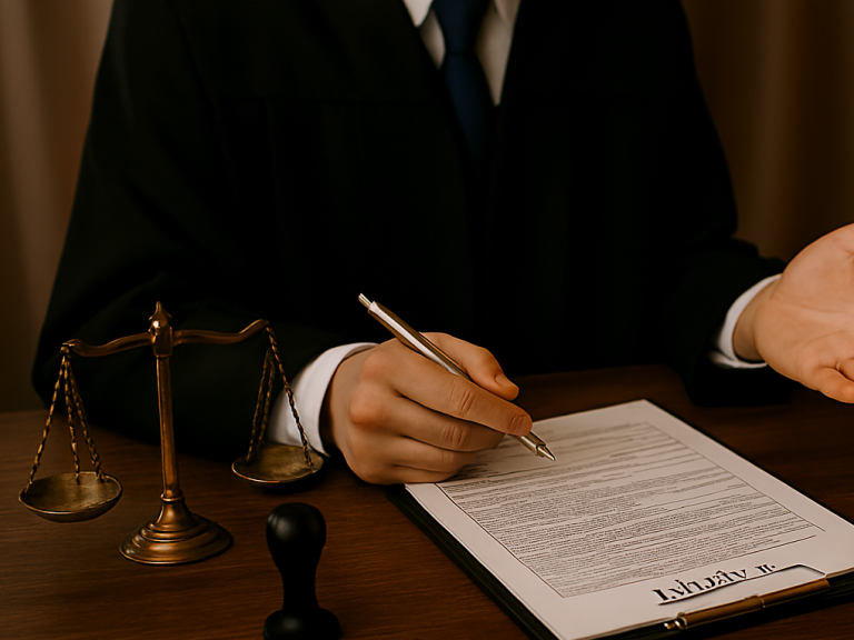 Persona con traje sosteniendo un bolígrafo sobre unos documentos, junto a una balanza de justicia.